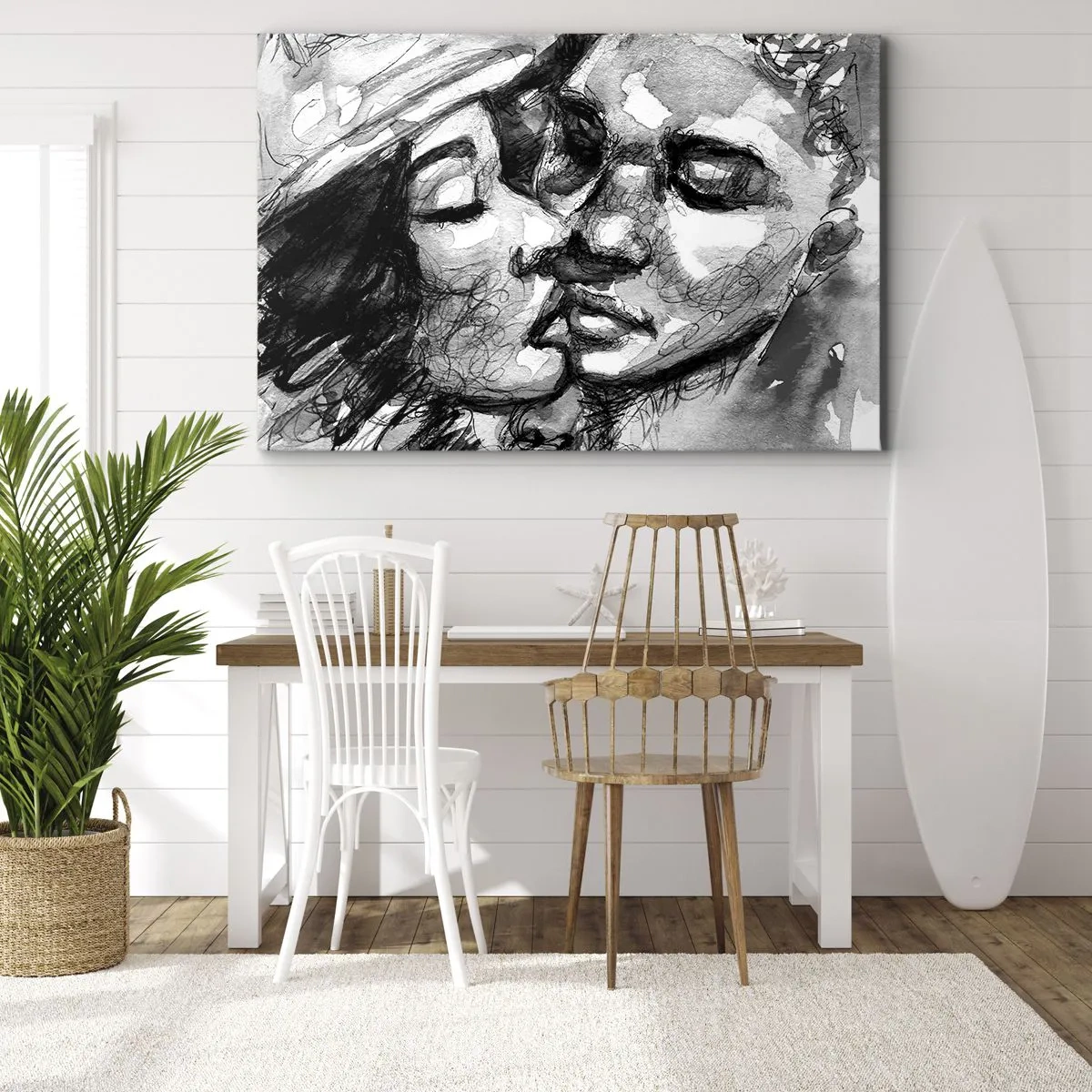 Obraz na plátně - Černobílý akvarel zobrazující intimní okamžik mezi dvěma lidmi. - 70x50cm - Něžný okamžik - Moderní nástěnná dekorace do obývacího pokoje a ložnice ARTTOR