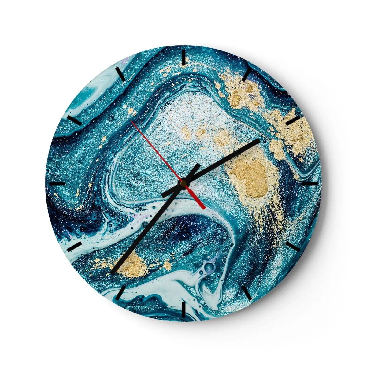 Nástěnné hodiny - Abstraktní vír v odstínech modré a zlaté s mramorovým efektem. - 30x30cm - Modrý vír - Moderní nástěnná dekorace do obývacího pokoje, kuchyně a ložnice ARTTOR