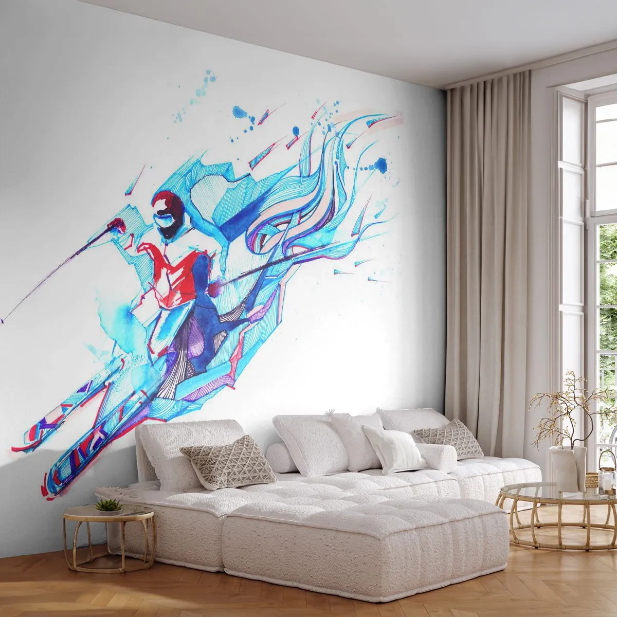 Fototapeta Samolepicí Deluxe Sticker - Šílený spěch k radosti - Abstrakce, Lyže, Lyžař - 250x175 cm