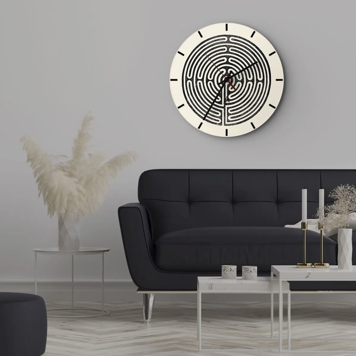 Nástěnné hodiny - Černobílé bludiště s geometrickým rozložením na světlém pozadí - 30x30cm - Tajemný řád - Moderní nástěnná dekorace do obývacího pokoje, kuchyně a ložnice ARTTOR