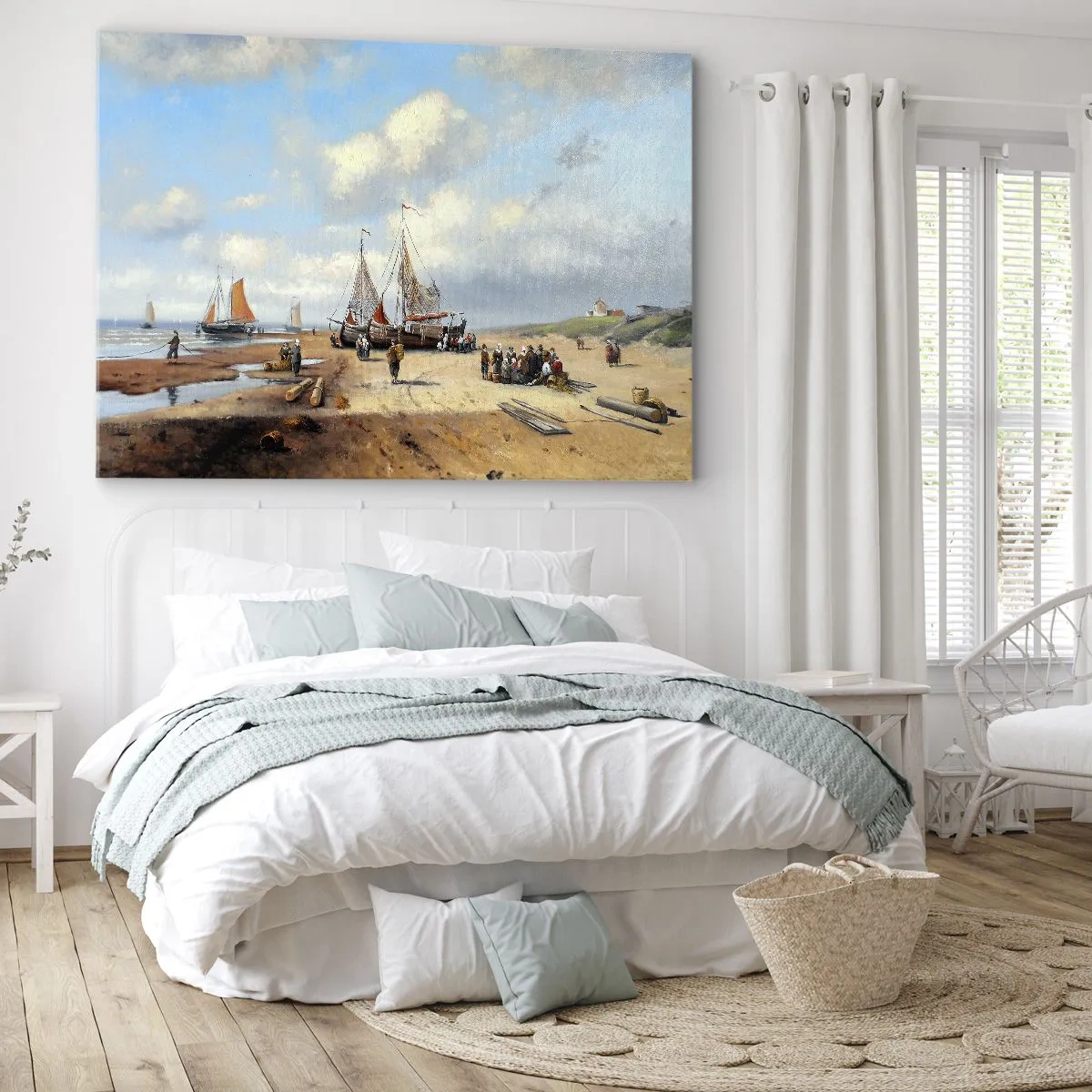 Obraz na plátně - Rybářské lodě na pláži s lidskými postavami - 70x50cm - Po úspěšném rybolovu - Moderní nástěnná dekorace do obývacího pokoje a ložnice ARTTOR