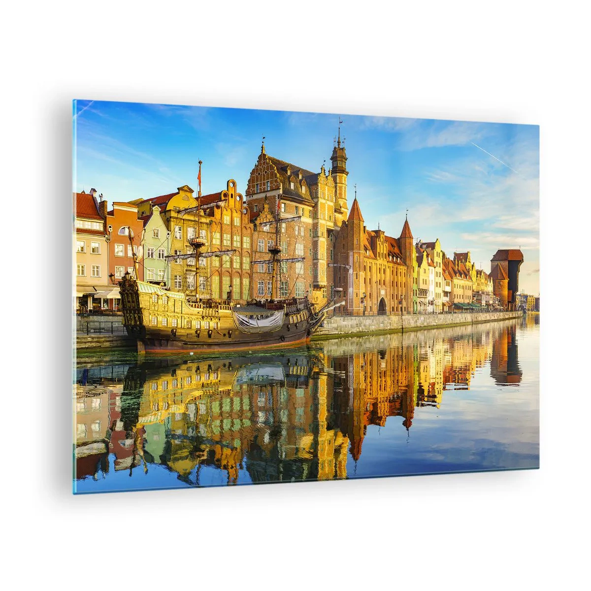 Obraz na skle - Staré Město v Gdaňsku s odrazem ve vodě - 70x50cm - Zrcadlový odraz minulosti - Moderní nástěnná dekorace do obývacího pokoje a ložnice ARTTOR
