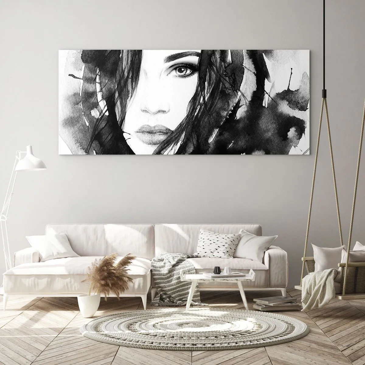 Obraz na skle - Portrét dámy v černé a bílé - 100x40 cm