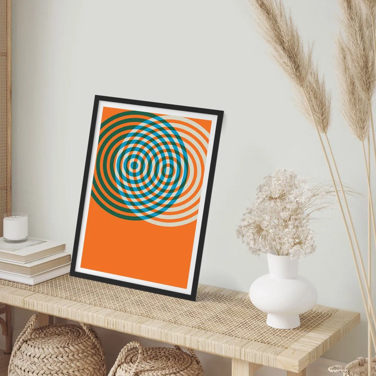 Plakát v černém rámu - Barevné soustředné kruhy na oranžovém pozadí - 50x70cm - Abstraktní kruhová variace - Moderní nástěnná dekorace do obývacího pokoje a ložnice ARTTOR