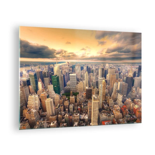 Obraz na skle - Panorama města s mrakodrapy při západu slunce - 70x50cm - Pozlacené Metropolis - Moderní nástěnná dekorace do obývacího pokoje a ložnice ARTTOR