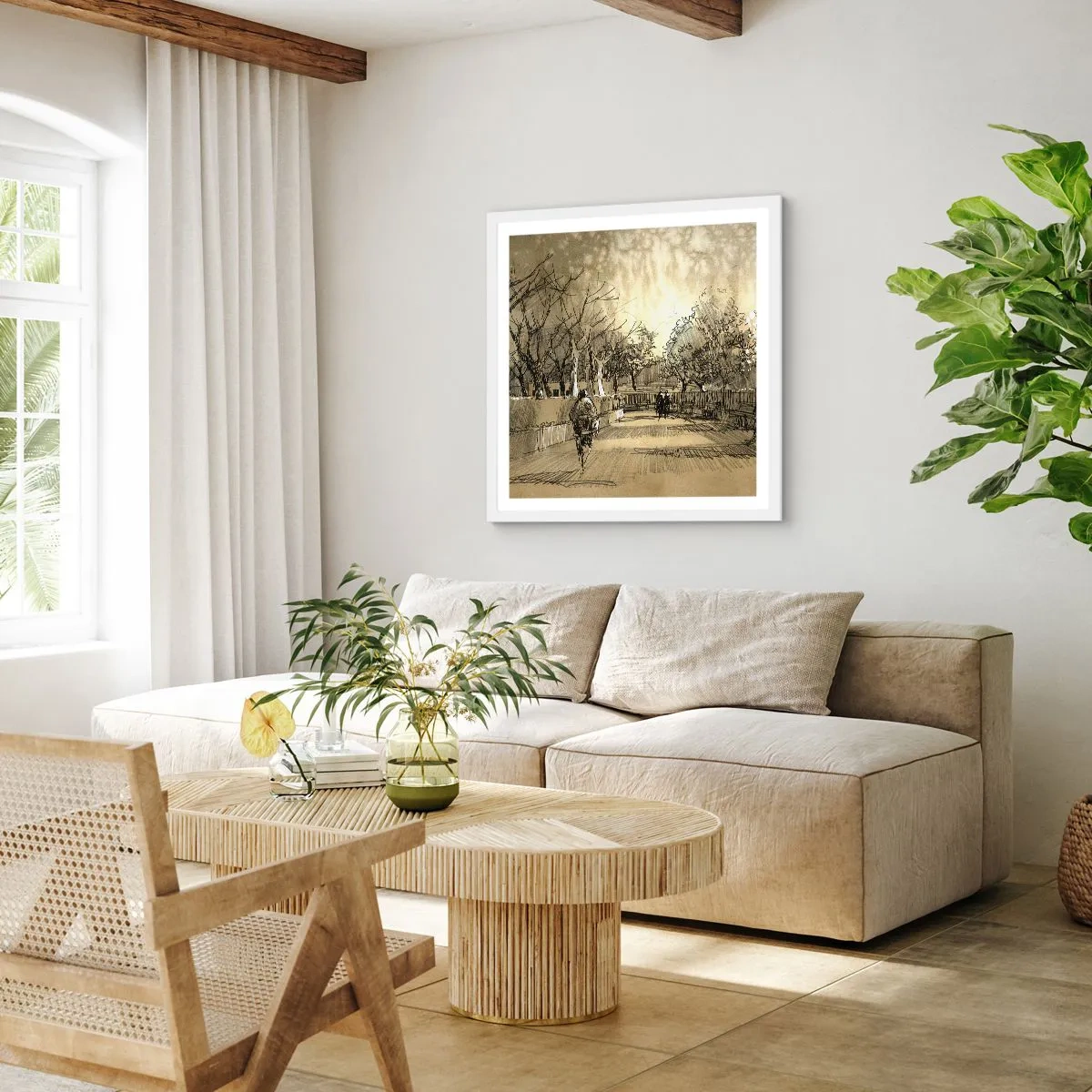 Plakát v bílém rámu - Pírkem zastavený okamžik - 50x50 cm