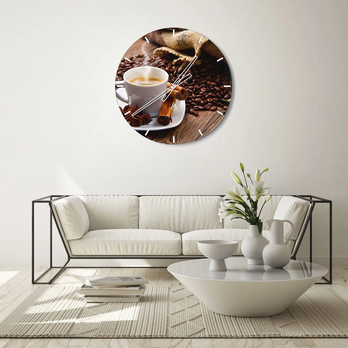 Nástěnné hodiny - Šálek kávy s kořením a kávovými zrny - 30x30cm - Pikantní chuť a aroma - Moderní nástěnná dekorace do obývacího pokoje, kuchyně a ložnice ARTTOR