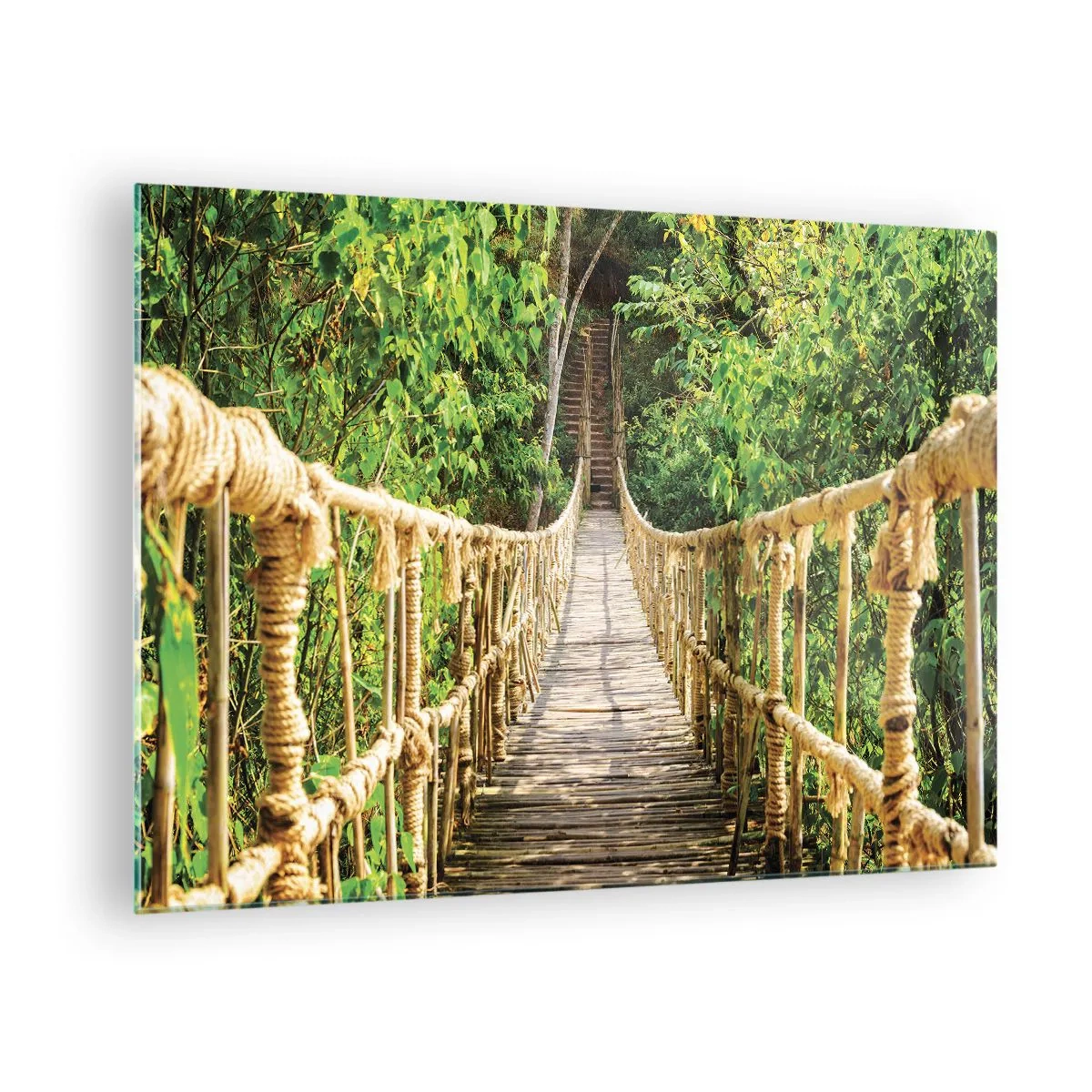 Obraz na skle - Dřevěný lanový most obklopený bujnou zelení - 70x50cm - Zavěšený v zelené - Moderní nástěnná dekorace do obývacího pokoje a ložnice ARTTOR