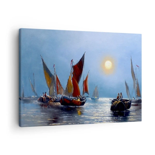 Obraz na plátně - Lodě s plachtami na klidné vodě při západu slunce - 70x50cm - Noční rybolov - Moderní nástěnná dekorace do obývacího pokoje a ložnice ARTTOR