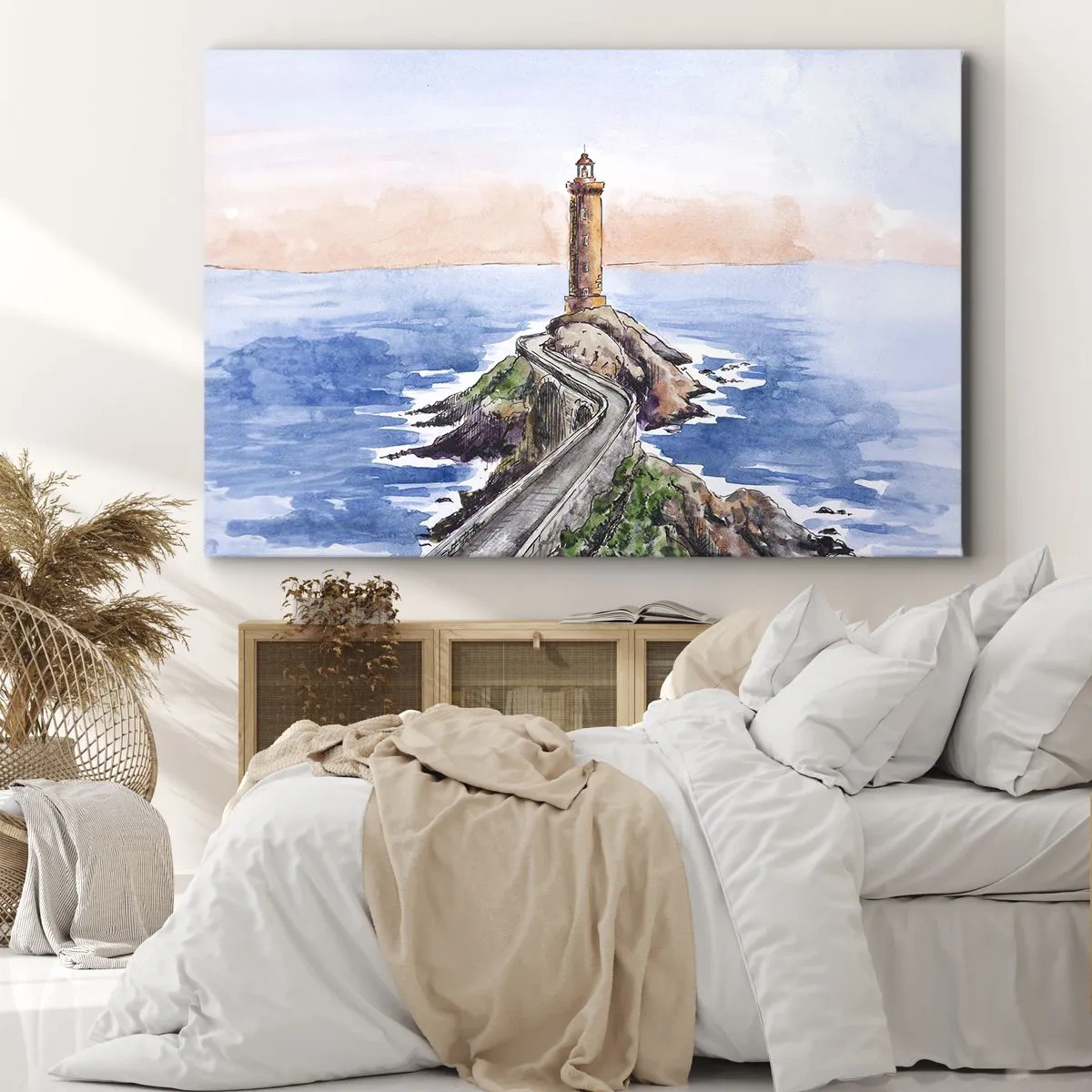 Obraz na plátně - Maják na skalnatém pobřeží - 70x50cm - Tváří v tvář moři - Moderní nástěnná dekorace do obývacího pokoje a ložnice ARTTOR