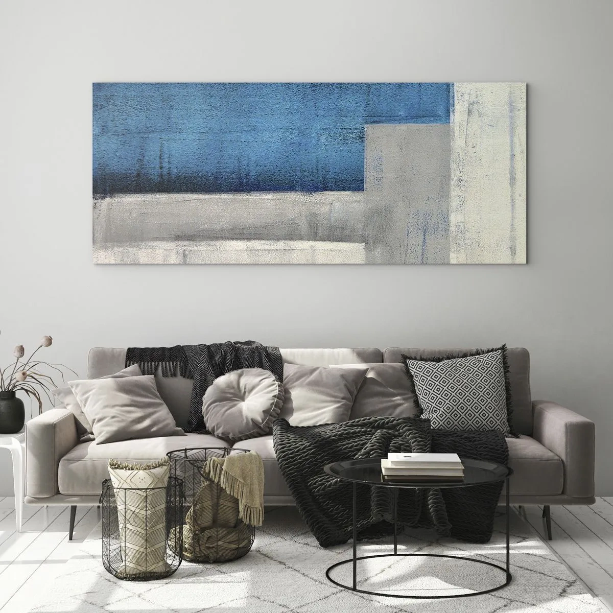 Obraz na skle - Poetická kompozice šedé a modré - 100x40 cm