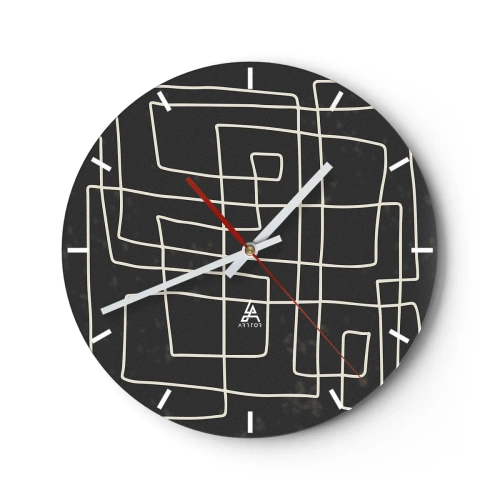 Nástěnné hodiny - Bílé geometrické čáry tvořící složitou mřížku na černém pozadí. - 30x30cm - Není to tak jednoduché - Moderní nástěnná dekorace do obývacího pokoje, kuchyně a ložnice ARTTOR