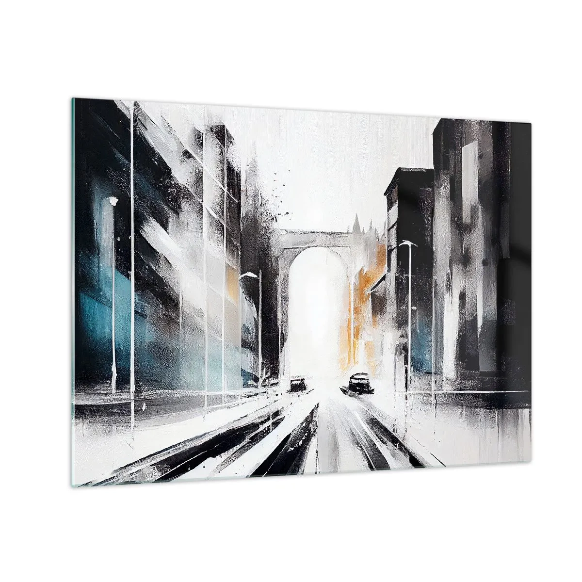 Obraz na skle - Dynamická městská ulice s auty a obloukem v pozadí v malířském stylu. - 70x50cm - Studie města: architektura a pohyb - Moderní nástěnná dekorace do obývacího pokoje a ložnice ARTTOR