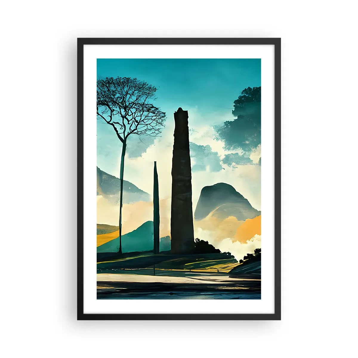 Plakát v černém rámu - Tajemná krajina s monumentálními obelisky - 50x70cm - Výš a výš - Moderní nástěnná dekorace do obývacího pokoje a ložnice ARTTOR