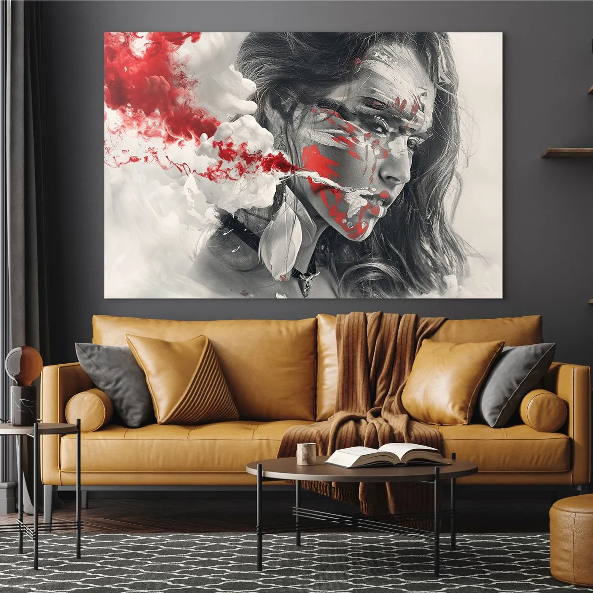 Obraz na skle - Portrét ženy s abstraktními červenými a bílými vzory - 70x50cm - Ve spárech absurdity - Moderní nástěnná dekorace do obývacího pokoje a ložnice ARTTOR