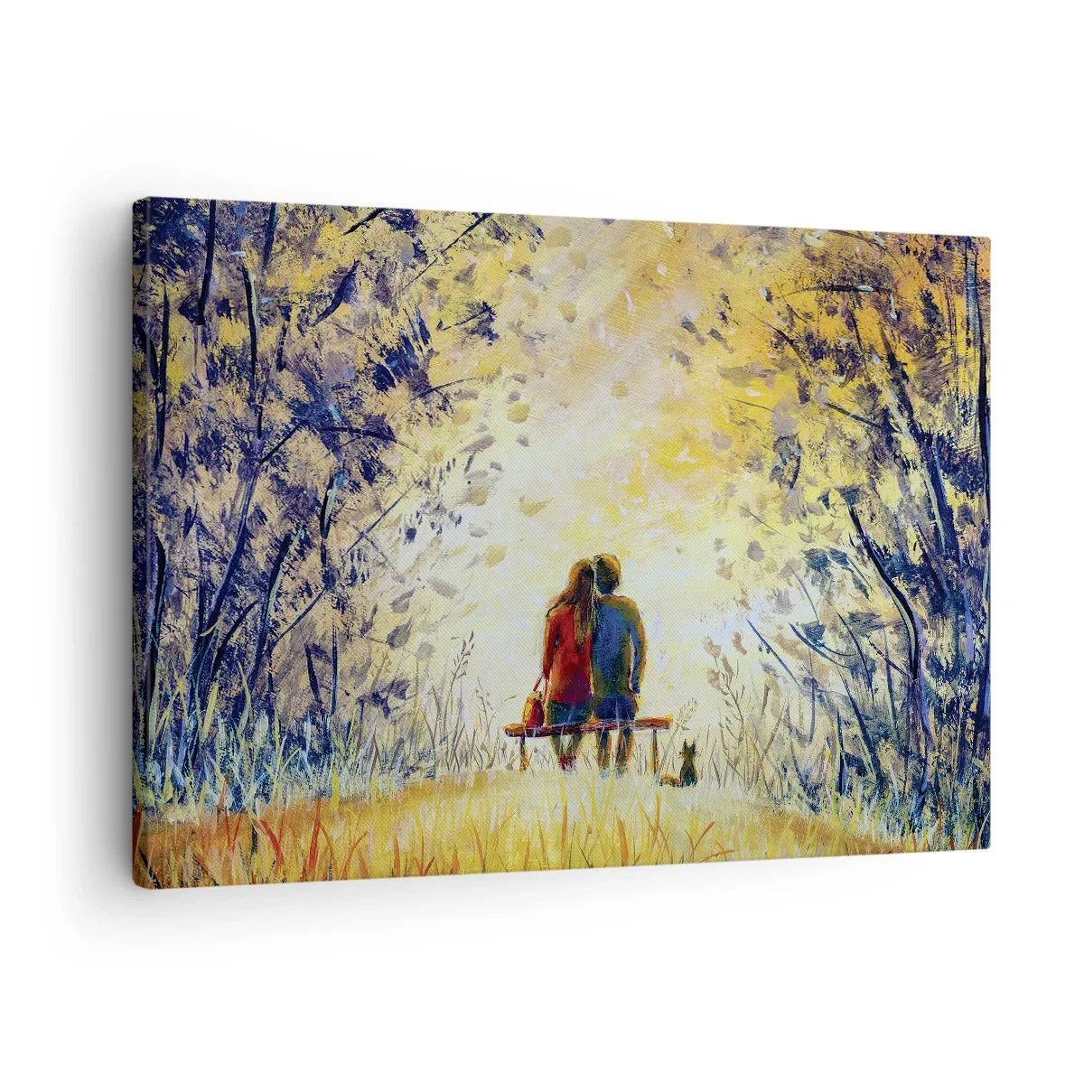 Obraz na plátně - Pár sedí na lavičce mezi podzimními stromy na slunci - 70x50cm - Magický okamžik - Moderní nástěnná dekorace do obývacího pokoje a ložnice ARTTOR