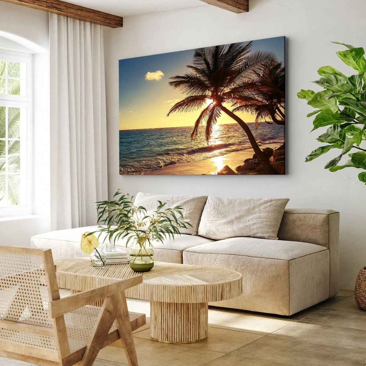 Obraz na plátně - Tropický západ slunce nad pláží s palmami - 70x50cm - Léto pod palmami - Moderní nástěnná dekorace do obývacího pokoje a ložnice ARTTOR