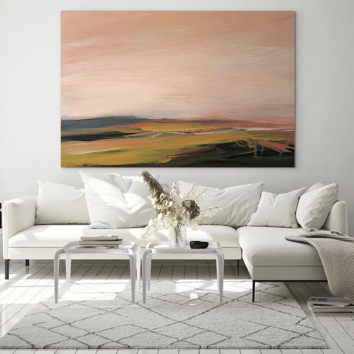 Obraz na skle - Abstraktní krajina v odstínech růžové a světle zelené. - 70x50cm - V růžových tónech - Moderní nástěnná dekorace do obývacího pokoje a ložnice ARTTOR