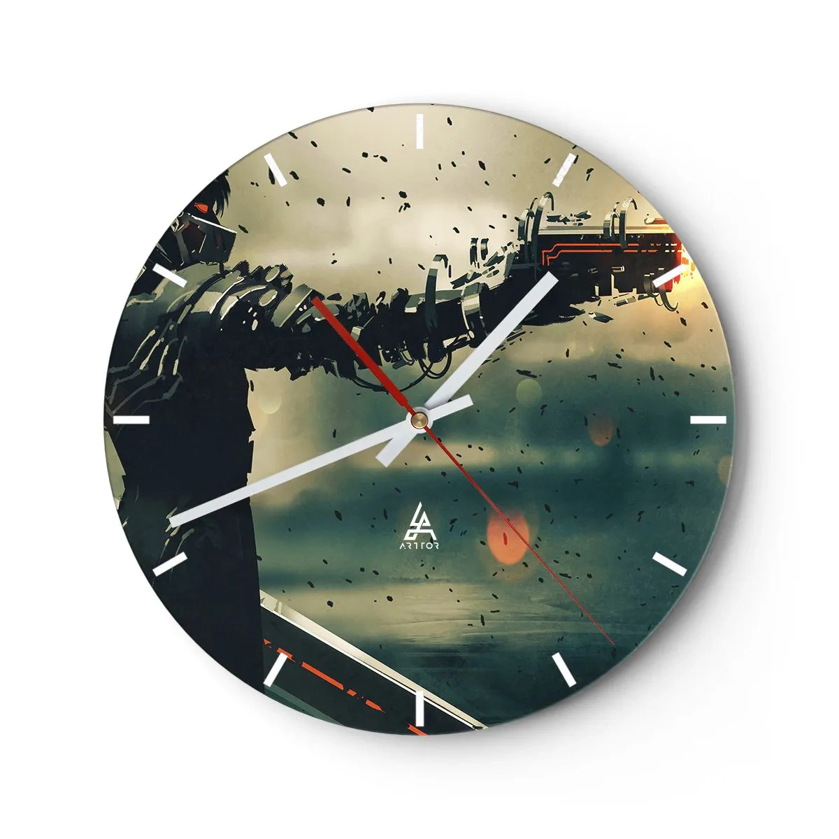 Nástěnné hodiny - Futuristická postava s kybernetickou zbraní v dynamickém prostředí. - 30x30cm - Vražedná zbraň - tvůj vlastní terminátor - Moderní nástěnná dekorace do obývacího pokoje, kuchyně a ložnice ARTTOR