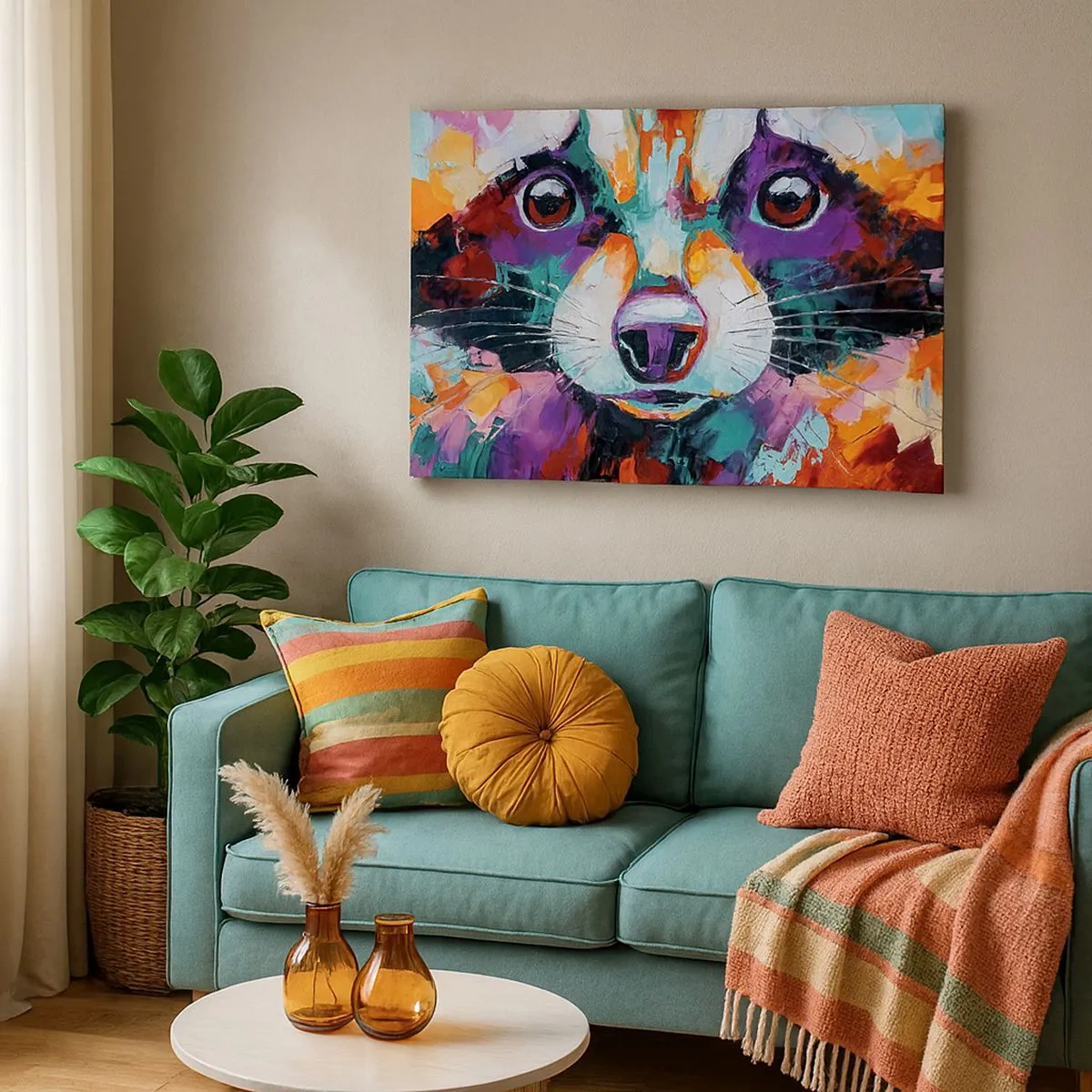 Obraz na plátně - Barevný portrét mývala ve stylu expresivní malby. - 70x50cm - Pouze dobré emoce - Moderní nástěnná dekorace do obývacího pokoje a ložnice ARTTOR