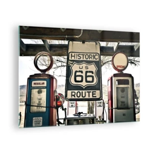 Obraz na skle - Vintage benzínové pumpy a cedule Route 66 - 70x50cm - Americká retro cesta - Moderní nástěnná dekorace do obývacího pokoje a ložnice ARTTOR