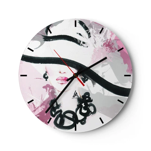 Nástěnné hodiny - Elegantní portrét ženy v černém a růžovém stylu - 30x30cm - Portrét dámy v černé a růžové - Moderní nástěnná dekorace do obývacího pokoje, kuchyně a ložnice ARTTOR