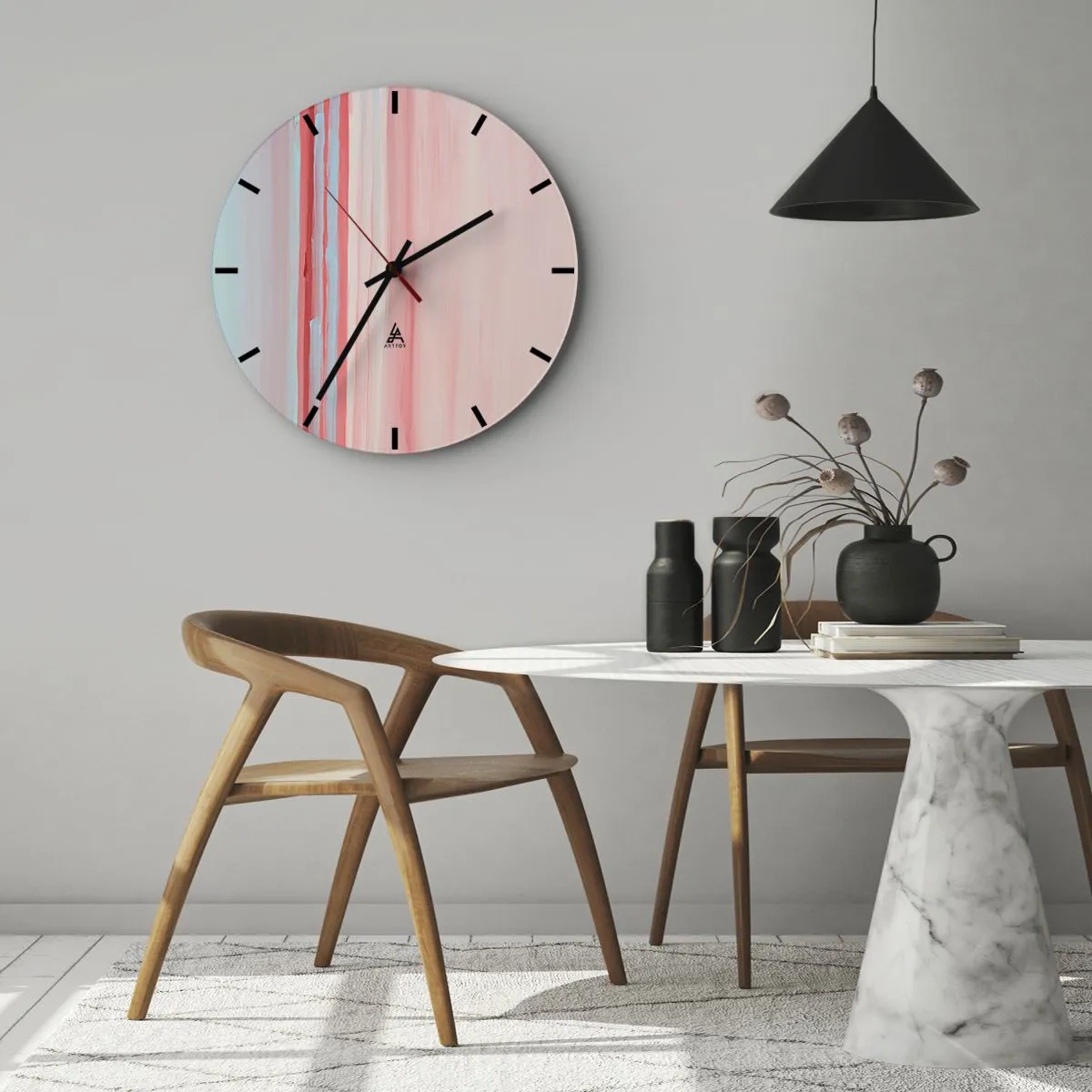 Nástěnné hodiny - Pastelové svislé pruhy v odstínech růžové a modré - 30x30cm - Abstrakce za úsvitu - Moderní nástěnná dekorace do obývacího pokoje, kuchyně a ložnice ARTTOR