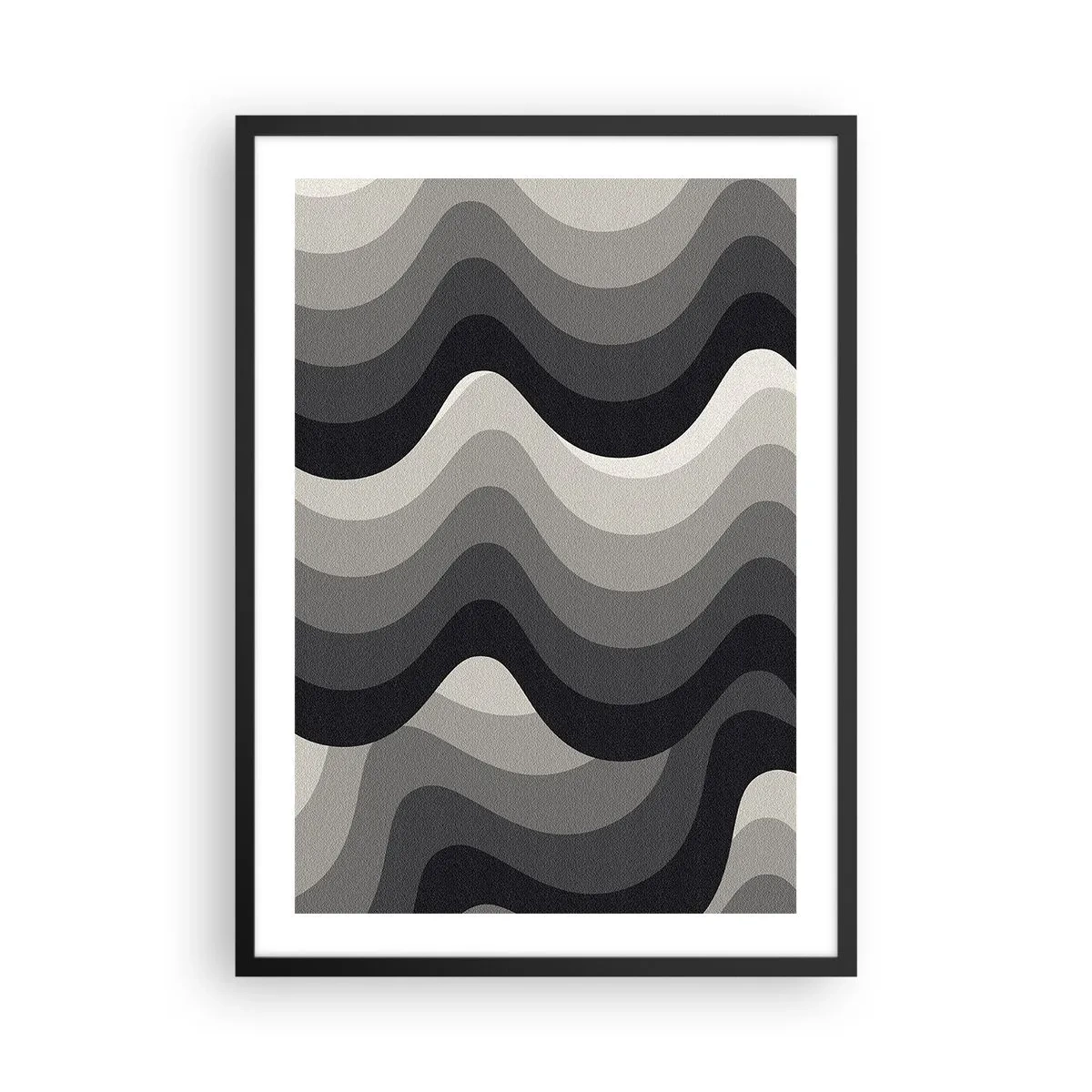 Plakát v černém rámu - Geometrické vlny v odstínech černé a šedé - 50x70cm - Vlna za vlnou - Moderní nástěnná dekorace do obývacího pokoje a ložnice ARTTOR