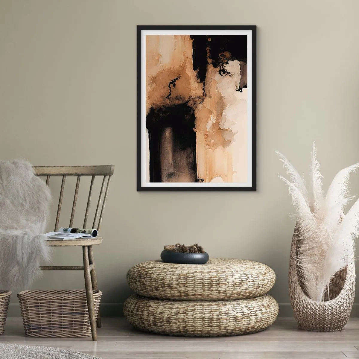 Plakát v černém rámu - Abstraktní kompozice v teplých odstínech hnědé. - 50x70cm - Poutavá abstrakce - Moderní nástěnná dekorace do obývacího pokoje a ložnice ARTTOR