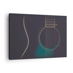 Obraz na plátně - Akustická kytara v tmavém, elegantním světle - 70x50cm - Okamžik, než to zazní - Moderní nástěnná dekorace do obývacího pokoje a ložnice ARTTOR
