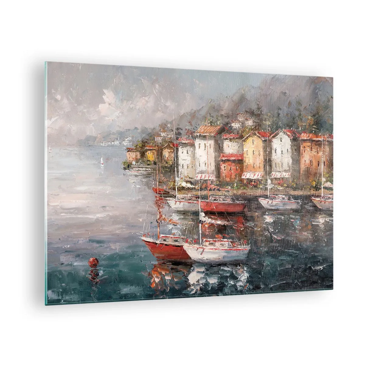 Obraz na skle - Malebný přístav s plachetnicemi a barevnými domy - 70x50cm - Romantický přístav - Moderní nástěnná dekorace do obývacího pokoje a ložnice ARTTOR