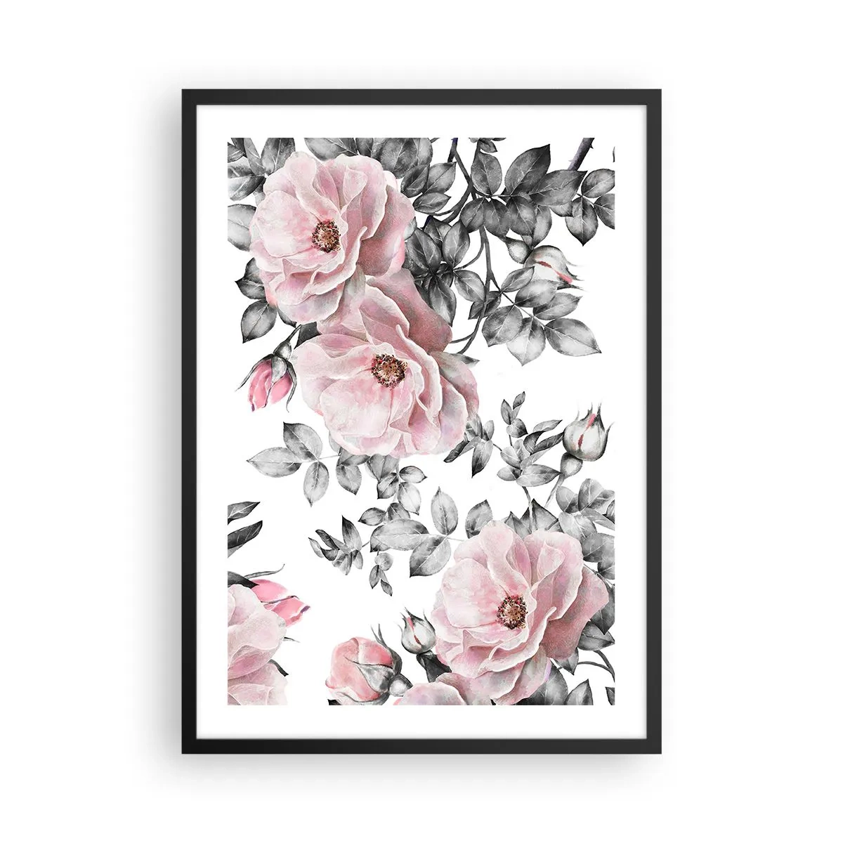 Plakát v černém rámu - Růžové růže na pozadí černých a bílých listů - 50x70cm - Ztratit se v květinách růží - Moderní nástěnná dekorace do obývacího pokoje a ložnice ARTTOR