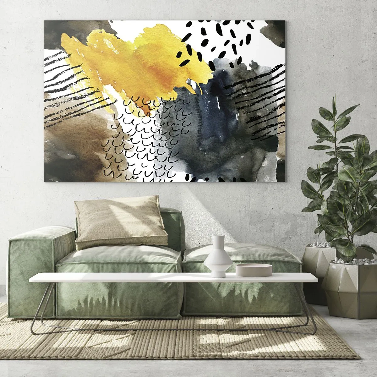 Obraz na skle - Abstraktní kompozice se skvrnami a čarami v zemitých barvách. - 70x50cm - Setkání živlů - Moderní nástěnná dekorace do obývacího pokoje a ložnice ARTTOR