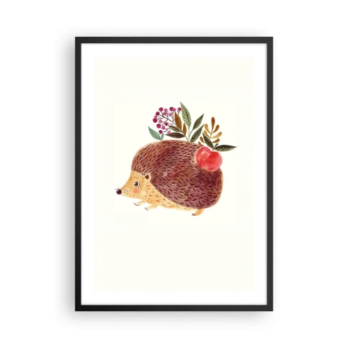 Plakát v černém rámu - Roztomilý ježek s jablkem a větvičkami na světlém pozadí - 50x70cm - A už mě máš rád - Moderní nástěnná dekorace do obývacího pokoje a ložnice ARTTOR