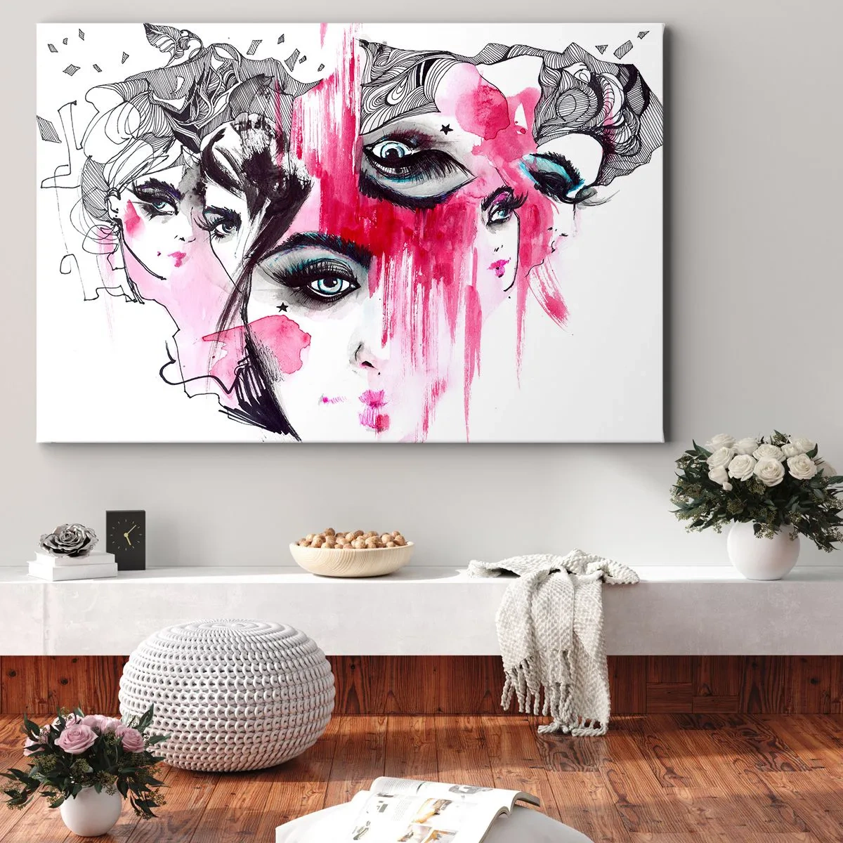 Obraz na plátně - Abstraktní obličej v odstínech růžové a černé - 70x50cm - Abstraktní oči - Moderní nástěnná dekorace do obývacího pokoje a ložnice ARTTOR