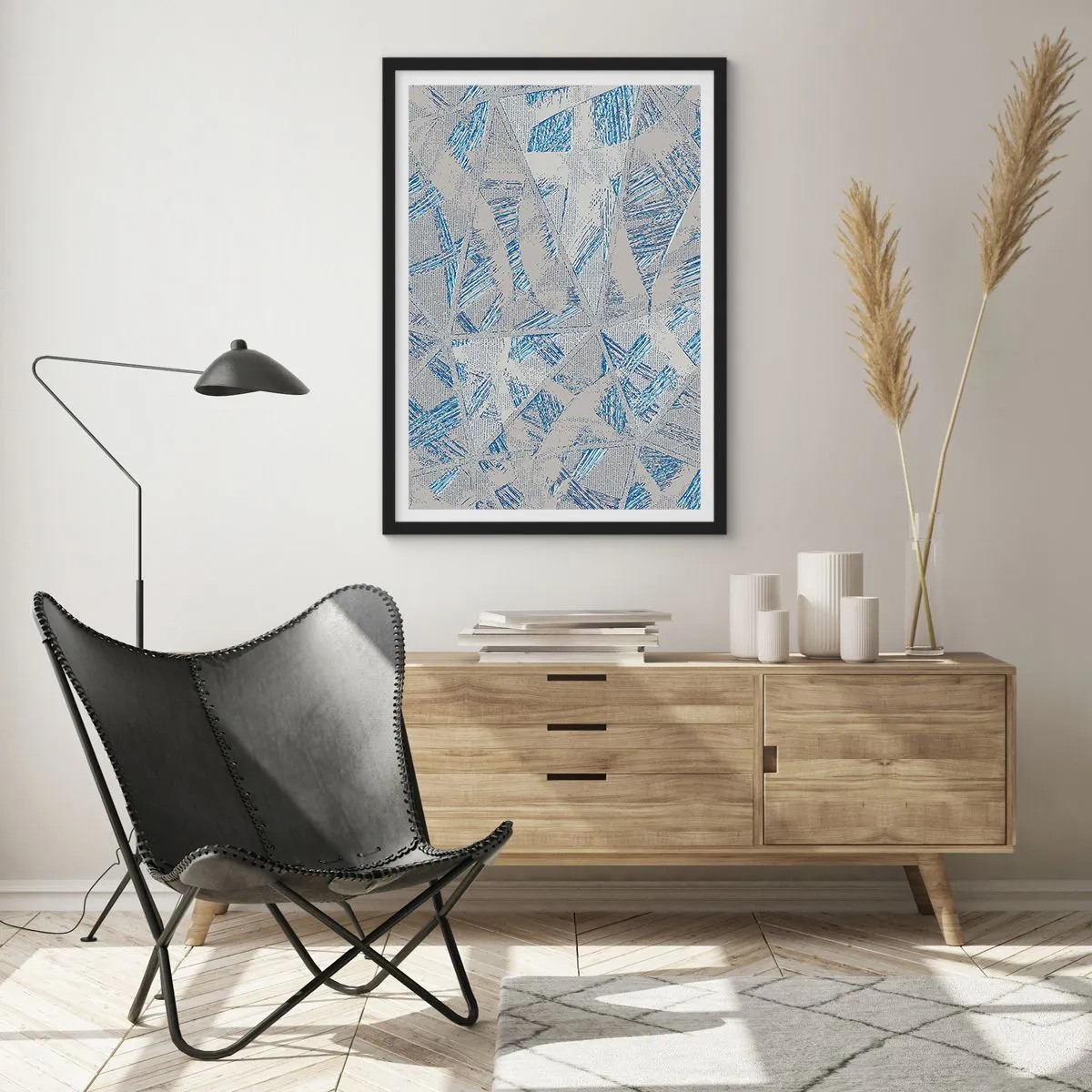 Plakát v černém rámu - Geometrická abstrakce v odstínech modré a šedé - 50x70cm - V šedomodrém labyrintu - Moderní nástěnná dekorace do obývacího pokoje a ložnice ARTTOR