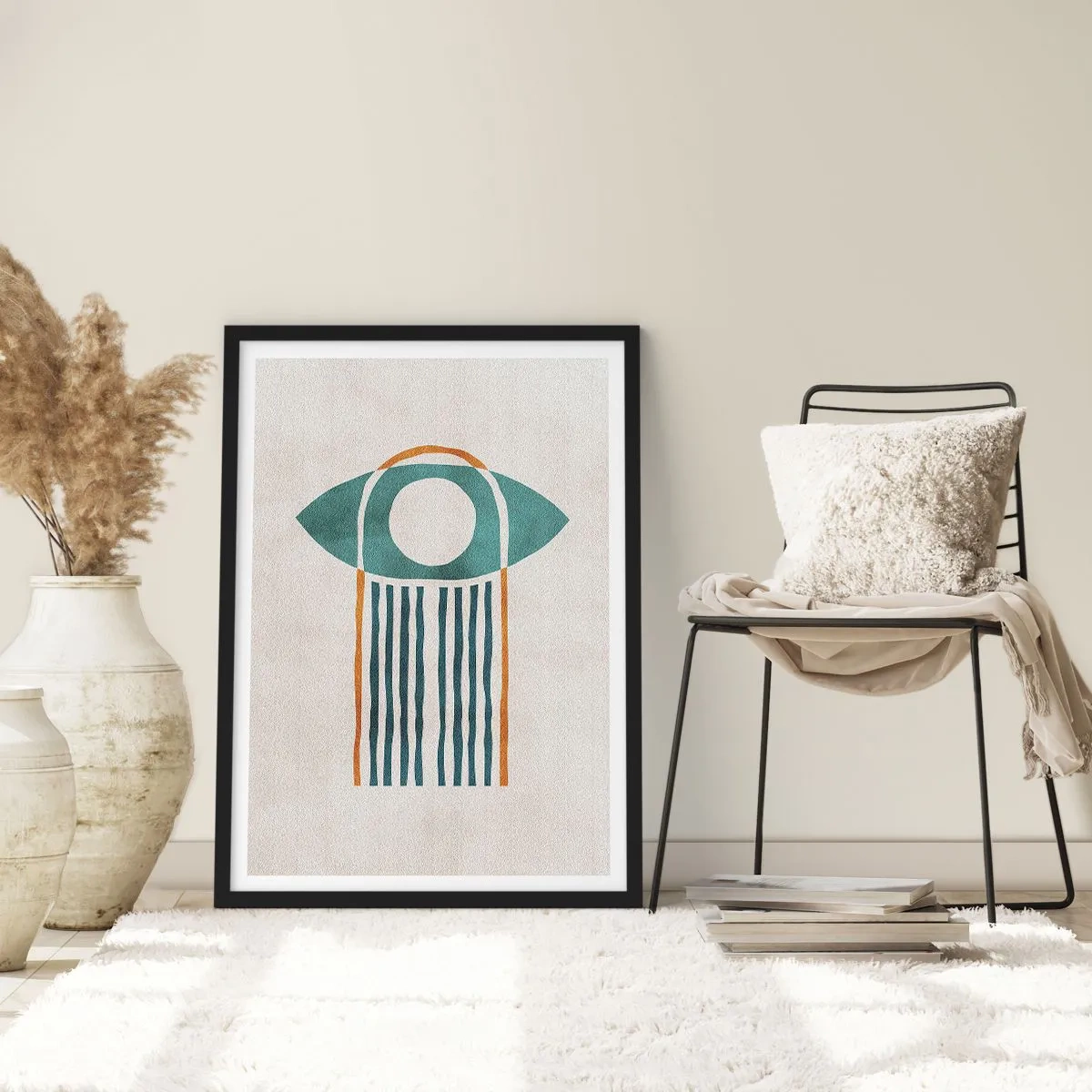 Plakát v černém rámu - Minimalistický symbol oka v boho stylu - 50x70cm - Znaky a rituály - Moderní nástěnná dekorace do obývacího pokoje a ložnice ARTTOR