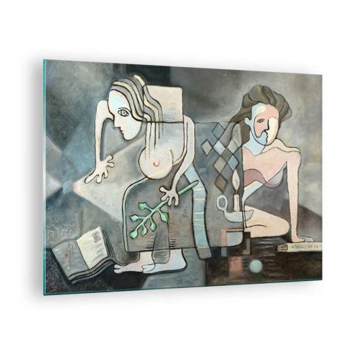 Obraz na skle - Abstraktní scéna se dvěma postavami v kubistickém stylu. - 70x50cm - Mozaika ducha a hmoty - Moderní nástěnná dekorace do obývacího pokoje a ložnice ARTTOR