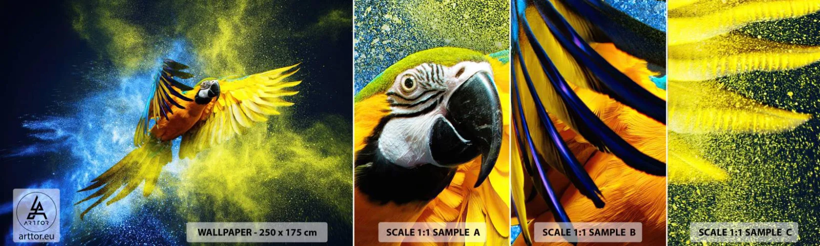 Vzor Fototapety Samolepicí Deluxe Sticker - V modro-zlatém prachu - Papoušek, Abstrakce, Kus - 100x30 cm