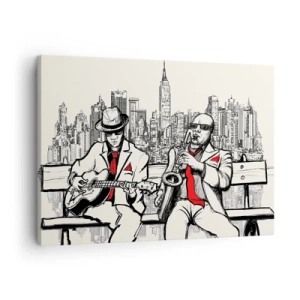Obraz na plátně - Jazzové duo se saxofonem a kytarou na pozadí města - 70x50cm - Newyorská improvizace - Moderní nástěnná dekorace do obývacího pokoje a ložnice ARTTOR