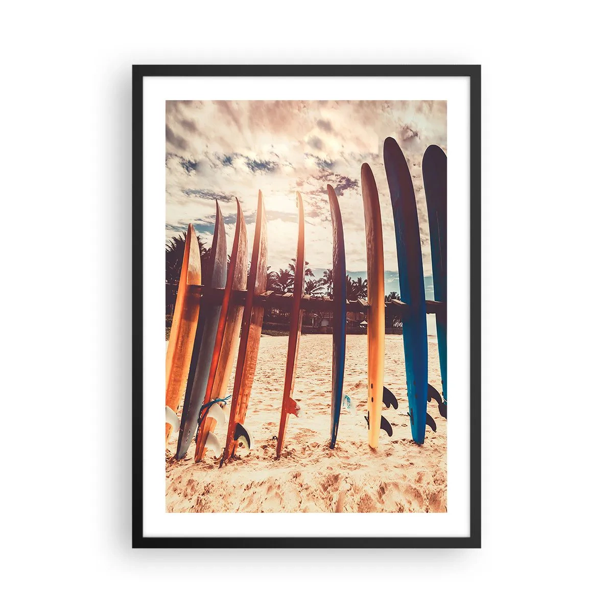 Plakát v černém rámu - Barevné surfy na pozadí pláže a palem - 50x70cm - Dobrou noc, nashle zítra. - Moderní nástěnná dekorace do obývacího pokoje a ložnice ARTTOR