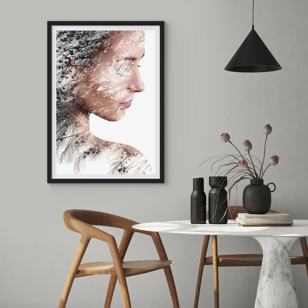 Plakát v černém rámu - Dvojitá expozice portrétu ženy s motivem přírody - 50x70cm - Duch lesa - Moderní nástěnná dekorace do obývacího pokoje a ložnice ARTTOR