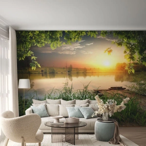 Fototapeta Premium Sand - Krajina v zeleném rámu - Krajina, jezero, Dřevěný most - 100x70 cm