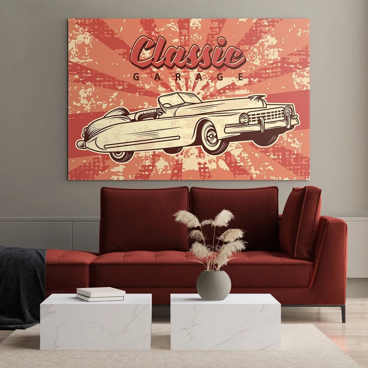 Obraz na skle - Retro grafika klasického auta na pozadí paprsků - 70x50cm - V rádiu je Elvis - Moderní nástěnná dekorace do obývacího pokoje a ložnice ARTTOR
