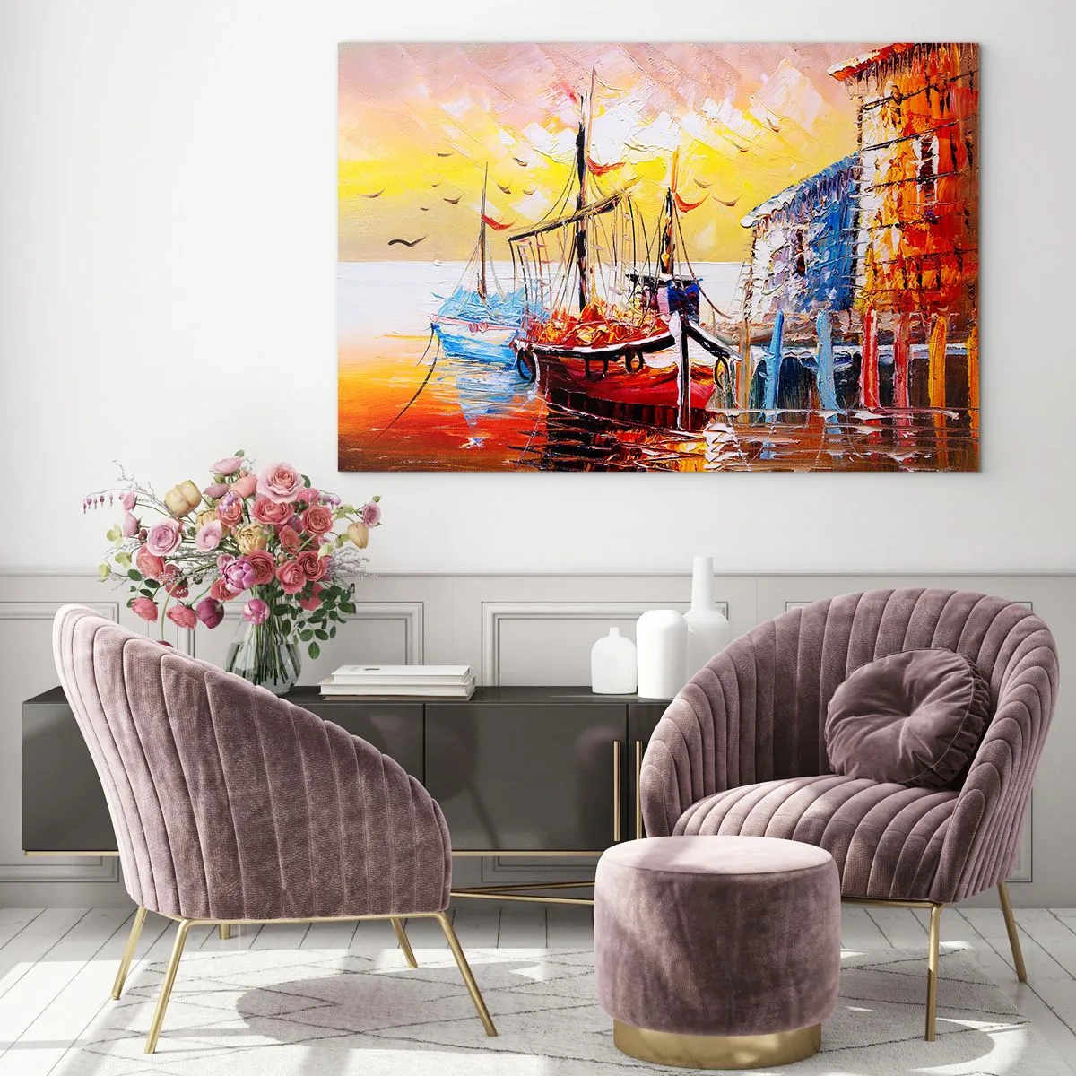 Obraz na skle - Barevné plachetnice při západu slunce - 70x50cm - Šťastný návrat - Moderní nástěnná dekorace do obývacího pokoje a ložnice ARTTOR