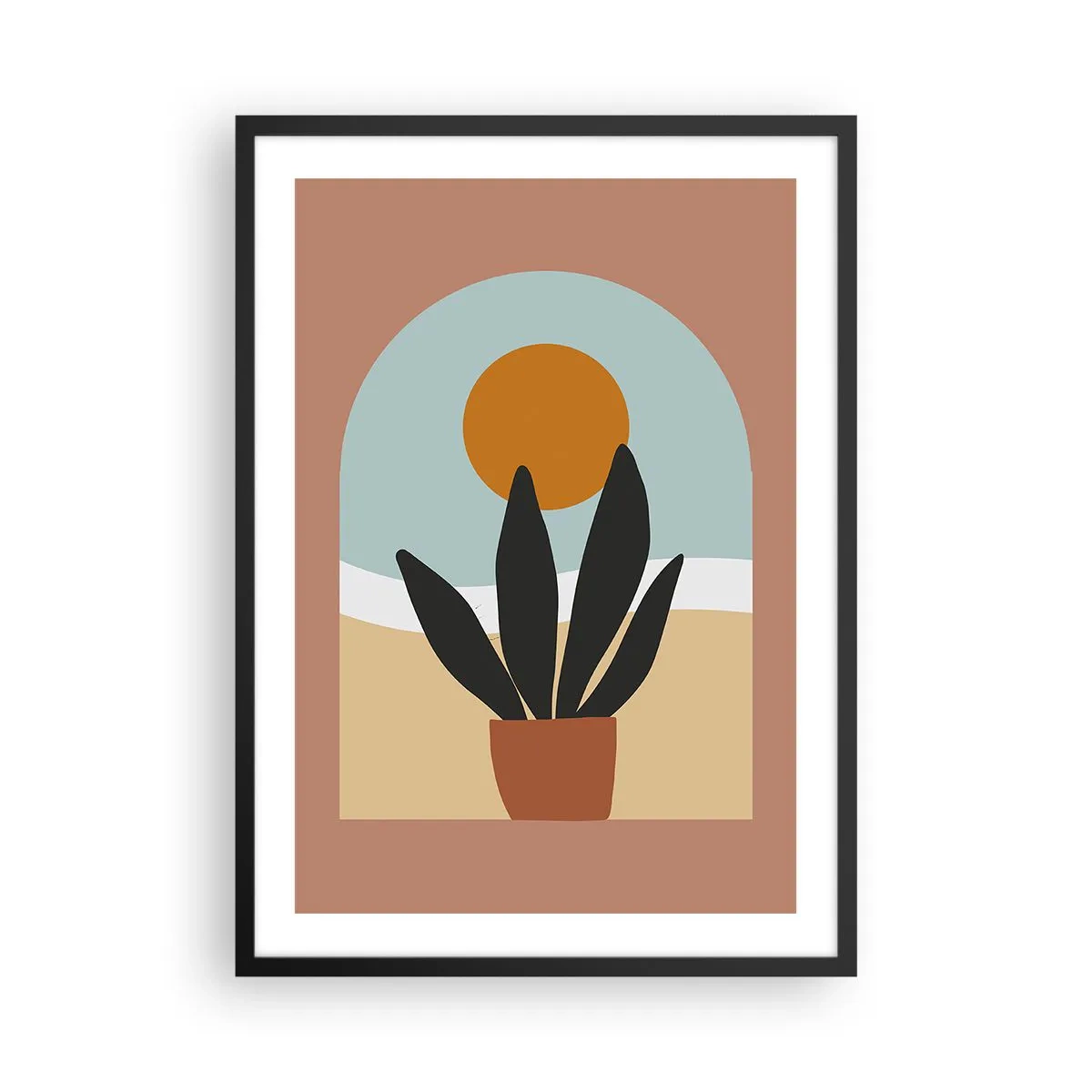 Plakát v černém rámu - Hrnková rostlina před obloukem se západem slunce v pozadí - 50x70cm - Malé radosti - Moderní nástěnná dekorace do obývacího pokoje a ložnice ARTTOR