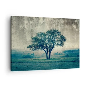Obraz na plátně - Osamělý strom proti mlhavé krajině - 70x50cm - Jabloň na modrém poli? - Moderní nástěnná dekorace do obývacího pokoje a ložnice ARTTOR