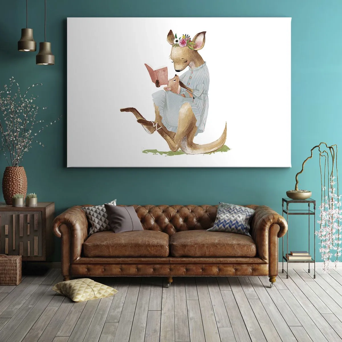 Obraz na plátně - Kanga čte knihu s dítětem - 70x50cm - Přečti mi, mami - Moderní nástěnná dekorace do obývacího pokoje a ložnice ARTTOR