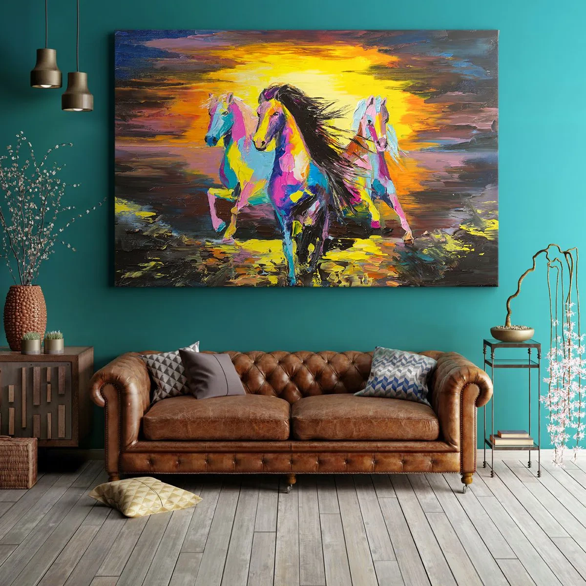 Obraz na plátně - Barevní koně cválající na pozadí zapadajícího slunce - 70x50cm - Ponořené do duhy - Moderní nástěnná dekorace do obývacího pokoje a ložnice ARTTOR