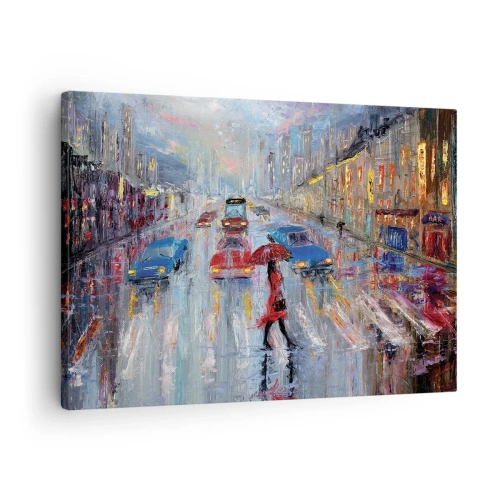 Obraz na plátně - Žena s deštníkem na deštivé ulici v neonovém světle. - 70x50cm - Deštivé odpoledne ve městě - Moderní nástěnná dekorace do obývacího pokoje a ložnice ARTTOR